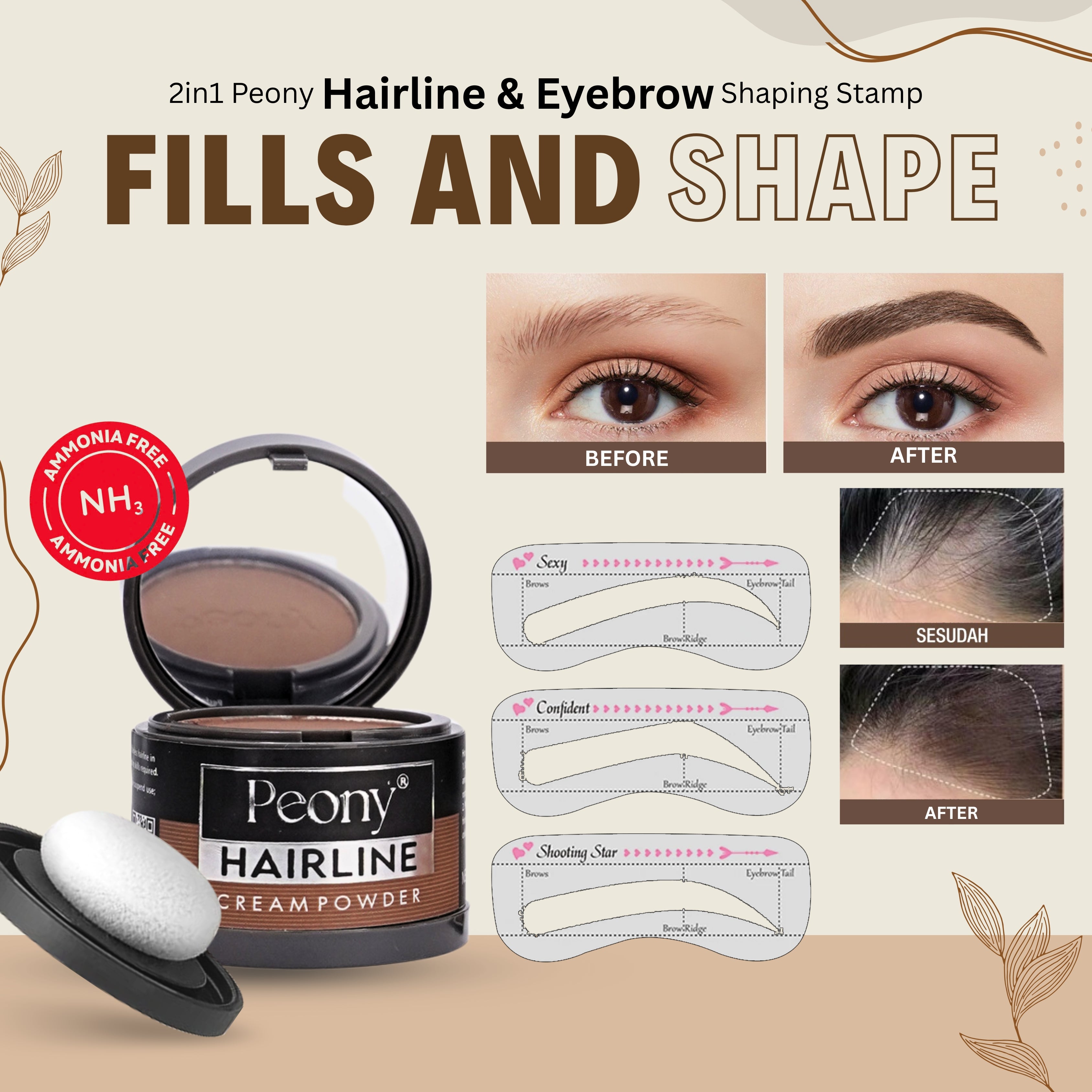 Peony 2in1 Hairline Cream Powder with 3 Extra Eyebrow Stencils